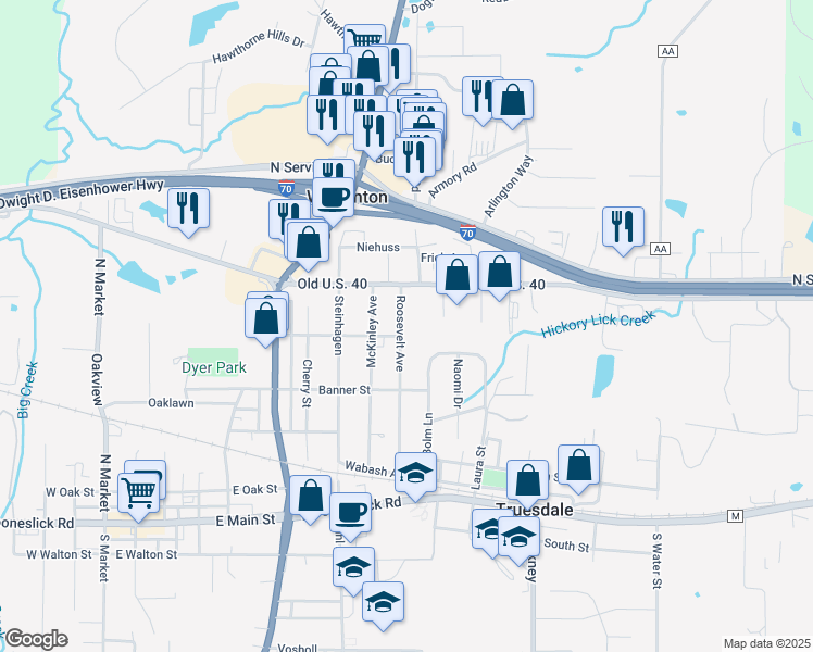 map of restaurants, bars, coffee shops, grocery stores, and more near 604 Roosevelt Avenue in Warrenton