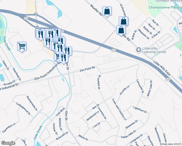 map of restaurants, bars, coffee shops, grocery stores, and more near 3521 Grandview Court in St. Charles