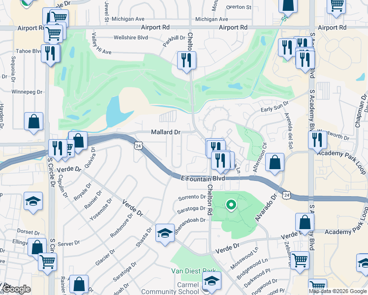 map of restaurants, bars, coffee shops, grocery stores, and more near 1153 Mazatlan Circle in Colorado Springs