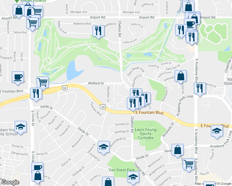 map of restaurants, bars, coffee shops, grocery stores, and more near 1153 Mazatlan Circle in Colorado Springs