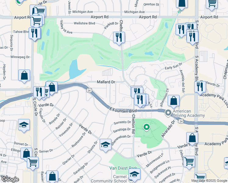 map of restaurants, bars, coffee shops, grocery stores, and more near 1153 Mazatlan Circle in Colorado Springs