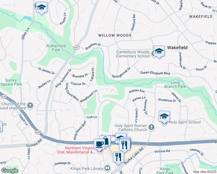 map of restaurants, bars, coffee shops, grocery stores, and more near 9012 Windflower Lane in Annandale