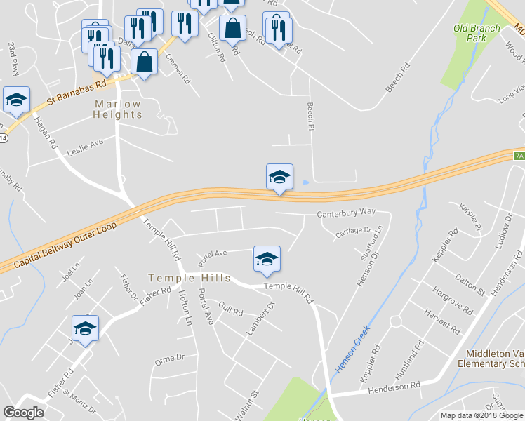 map of restaurants, bars, coffee shops, grocery stores, and more near 3807 Barry Drive in Temple Hills