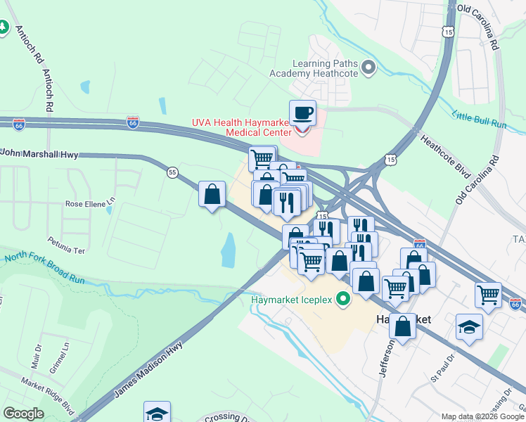 map of restaurants, bars, coffee shops, grocery stores, and more near Trading Square in Prince William County