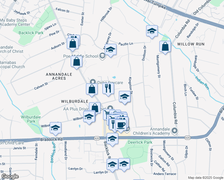 map of restaurants, bars, coffee shops, grocery stores, and more near 4930 Sunset Ln in Annandale