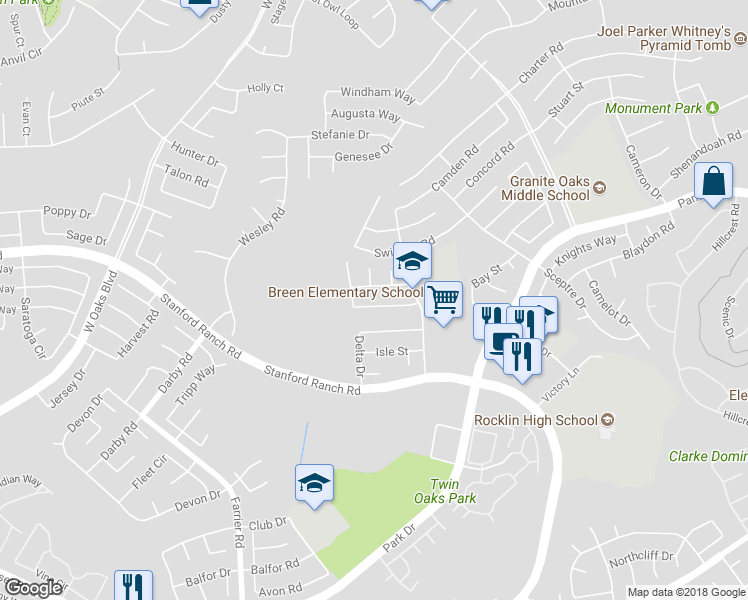map of restaurants, bars, coffee shops, grocery stores, and more near 5526 Cabrillo Way in Rocklin