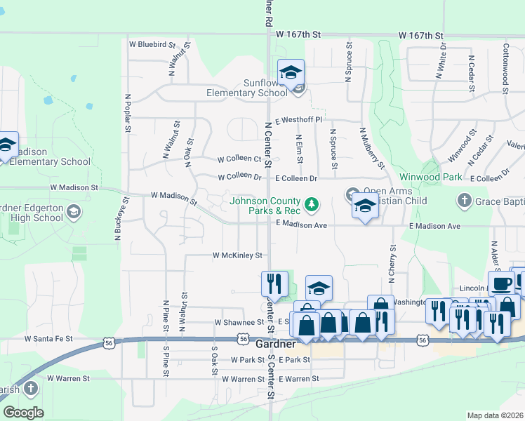 map of restaurants, bars, coffee shops, grocery stores, and more near in Gardner