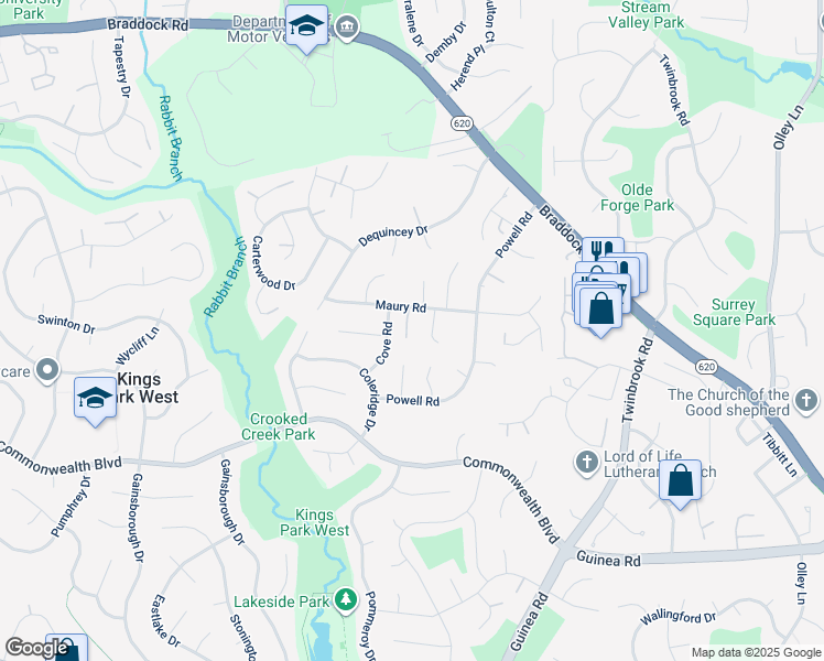 map of restaurants, bars, coffee shops, grocery stores, and more near 9727 Maury Road in Fairfax