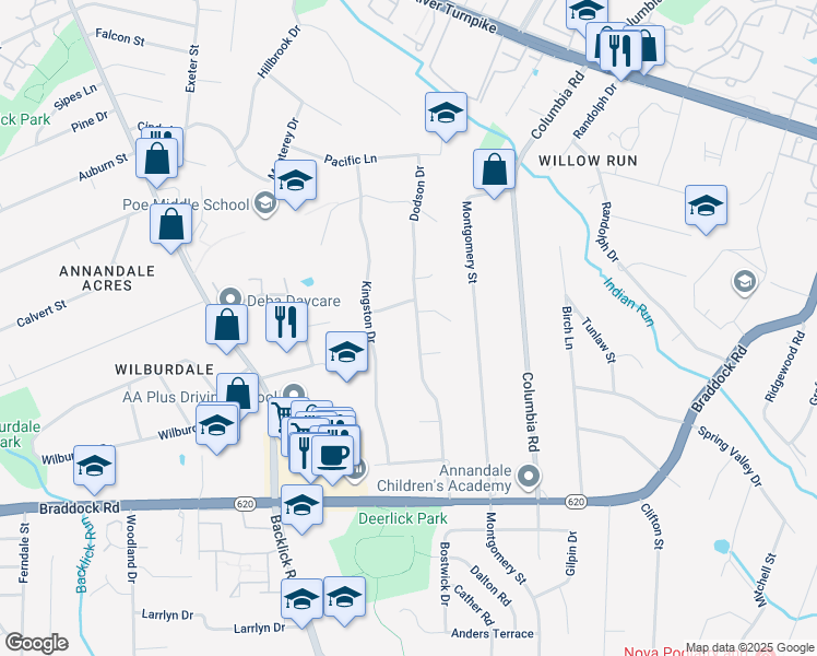 map of restaurants, bars, coffee shops, grocery stores, and more near 4908 Dodson Drive in Annandale