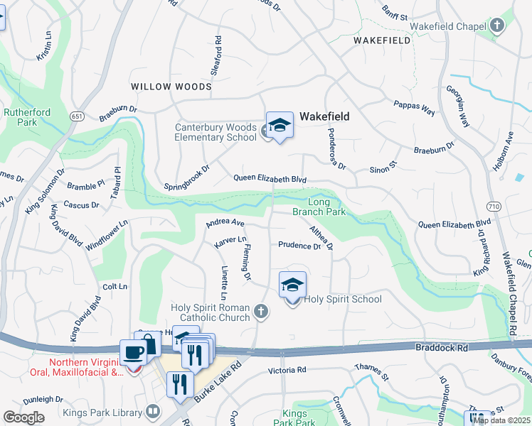map of restaurants, bars, coffee shops, grocery stores, and more near 4910 Woodland Way in Annandale