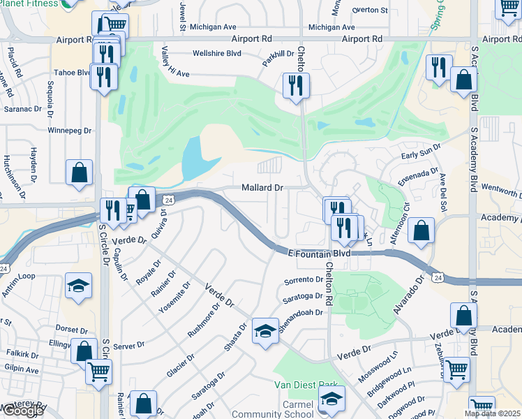 map of restaurants, bars, coffee shops, grocery stores, and more near 3050 East Fountain Boulevard in Colorado Springs