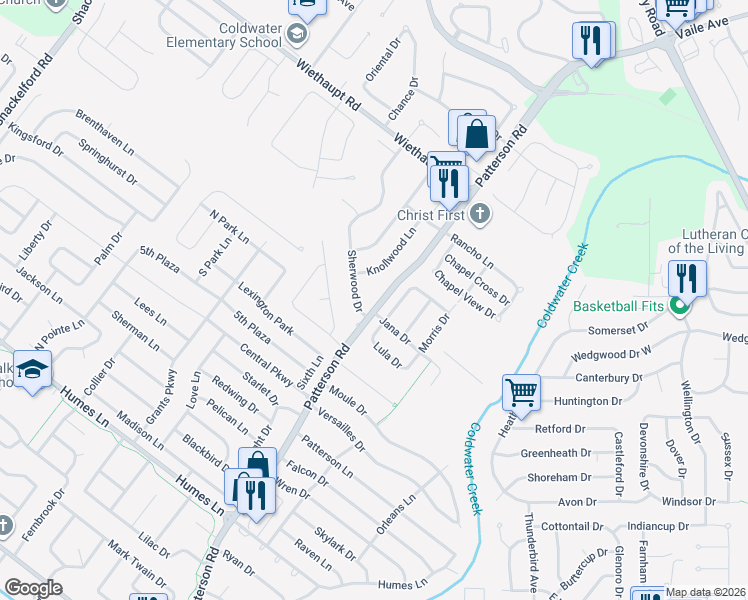 map of restaurants, bars, coffee shops, grocery stores, and more near 2625 Patterson Road in Florissant