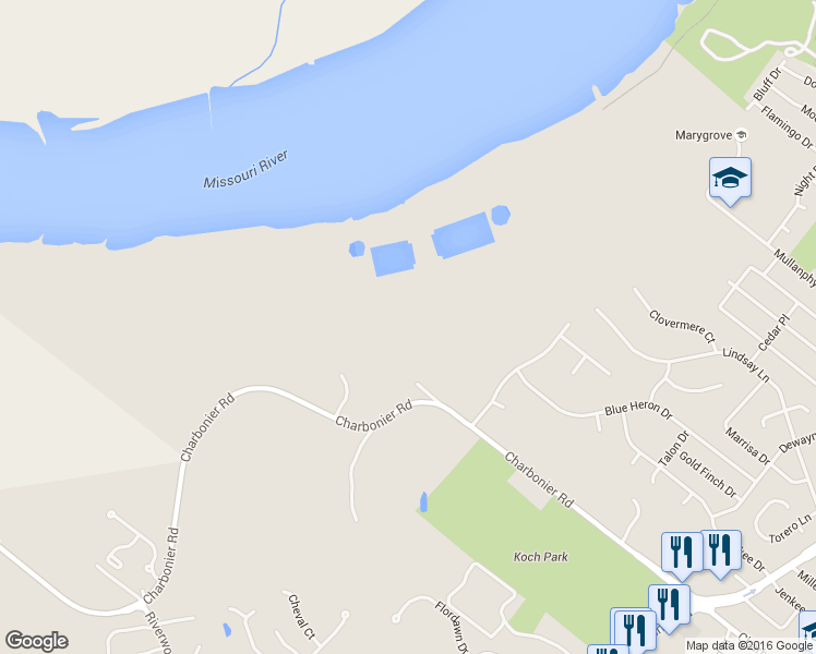 map of restaurants, bars, coffee shops, grocery stores, and more near 2840 Charbonier Road in Florissant