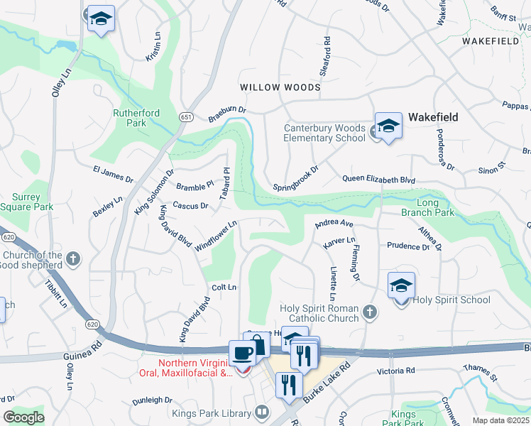 map of restaurants, bars, coffee shops, grocery stores, and more near 9012 Windflower Lane in Annandale