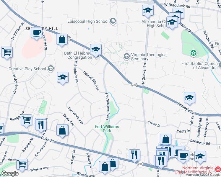 map of restaurants, bars, coffee shops, grocery stores, and more near 3722 Templeton Place in Alexandria