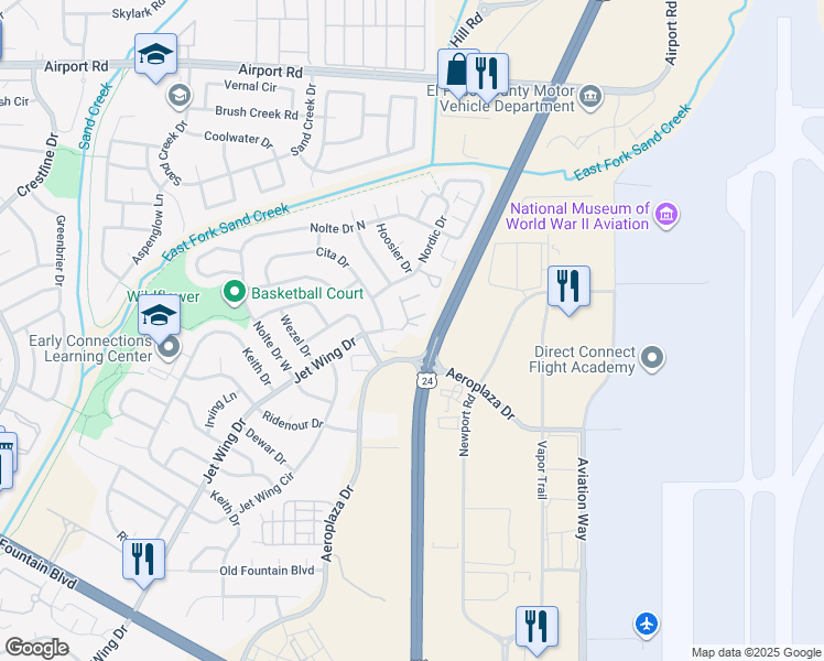 map of restaurants, bars, coffee shops, grocery stores, and more near South Powers Boulevard in Colorado Springs