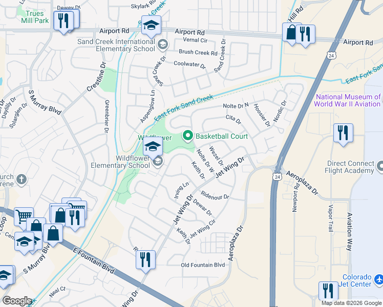 map of restaurants, bars, coffee shops, grocery stores, and more near 1075 Keith Drive in Colorado Springs