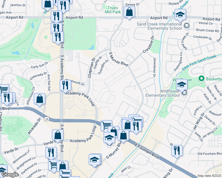 map of restaurants, bars, coffee shops, grocery stores, and more near 1037 Tyre Heights in Colorado Springs