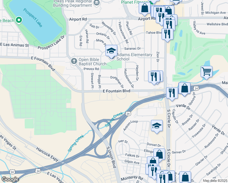 map of restaurants, bars, coffee shops, grocery stores, and more near 2125 East Fountain Boulevard in Colorado Springs