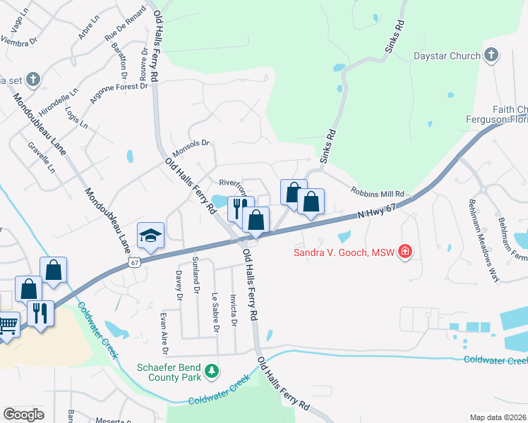 map of restaurants, bars, coffee shops, grocery stores, and more near 4153 North Highway 67 in Florissant