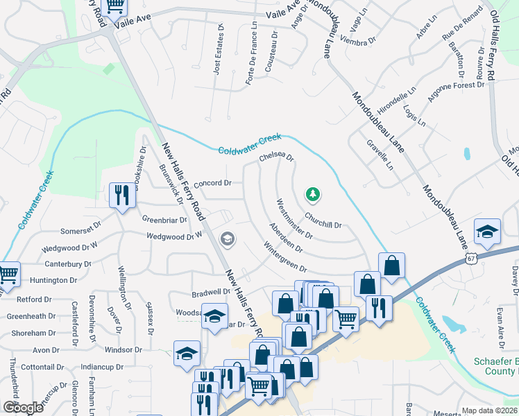 map of restaurants, bars, coffee shops, grocery stores, and more near 2823 Aberdeen Drive in Florissant