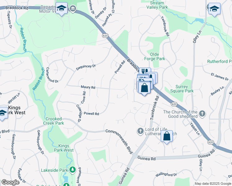 map of restaurants, bars, coffee shops, grocery stores, and more near 9610 Jenny Lane in Fairfax