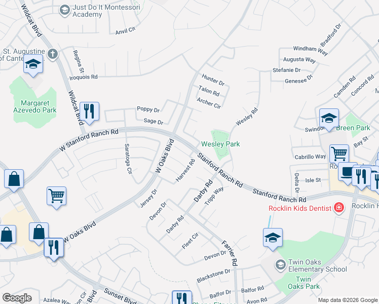 map of restaurants, bars, coffee shops, grocery stores, and more near 5600 Harvest Road in Rocklin