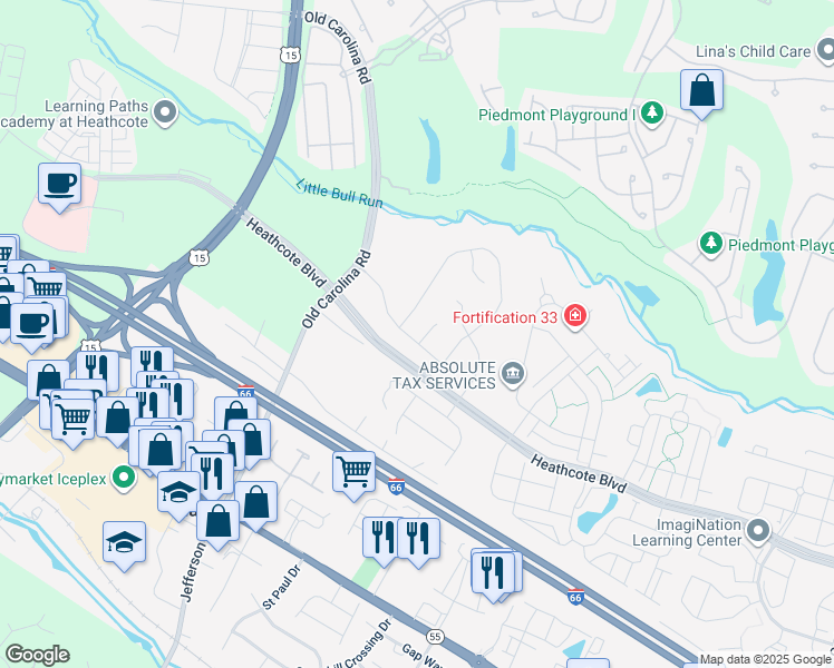 map of restaurants, bars, coffee shops, grocery stores, and more near 6316 Corbin Woods Court in Haymarket