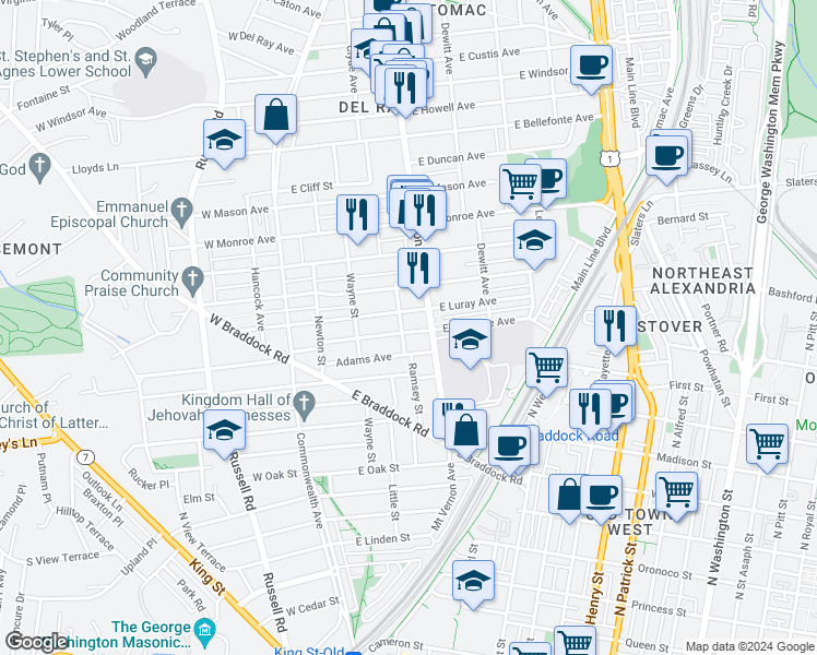 map of restaurants, bars, coffee shops, grocery stores, and more near 302 East Glendale Avenue in Alexandria