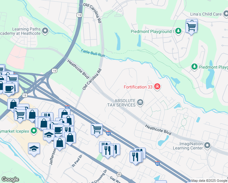 map of restaurants, bars, coffee shops, grocery stores, and more near 6316 Corbin Woods Court in Haymarket