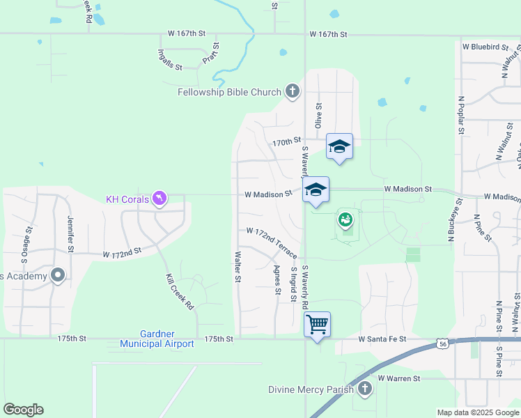 map of restaurants, bars, coffee shops, grocery stores, and more near 31321 West 172nd Street in Gardner