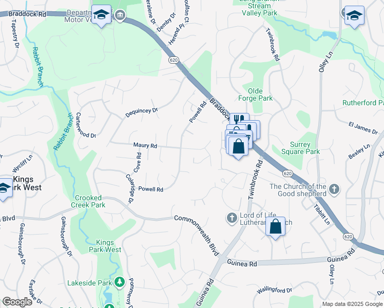 map of restaurants, bars, coffee shops, grocery stores, and more near 9610 Jenny Lane in Fairfax
