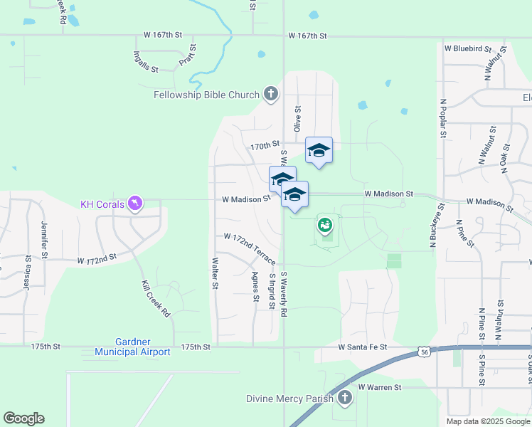 map of restaurants, bars, coffee shops, grocery stores, and more near 17151 King Court in Gardner