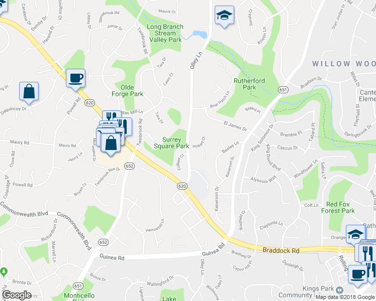 map of restaurants, bars, coffee shops, grocery stores, and more near 4925 Olley Ln in Fairfax