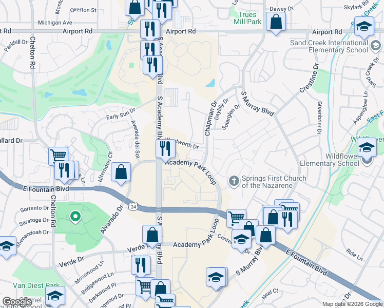map of restaurants, bars, coffee shops, grocery stores, and more near 1103 Academy Park Loop in Colorado Springs
