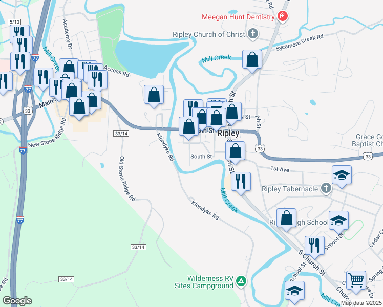 map of restaurants, bars, coffee shops, grocery stores, and more near 301 West St in Ripley