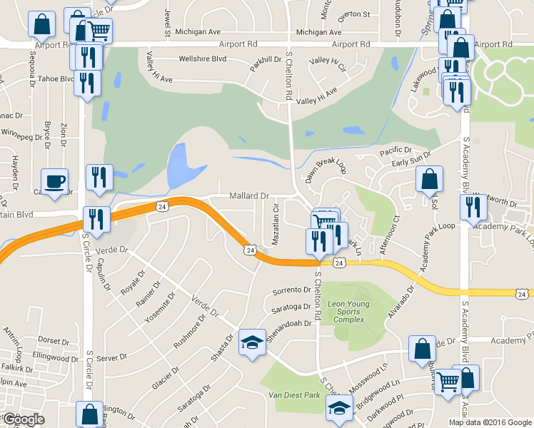 map of restaurants, bars, coffee shops, grocery stores, and more near 1153 Mazatlan Circle in Colorado Springs