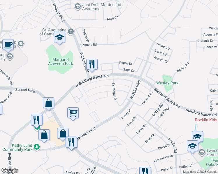 map of restaurants, bars, coffee shops, grocery stores, and more near 1639 Monroe Way in Rocklin