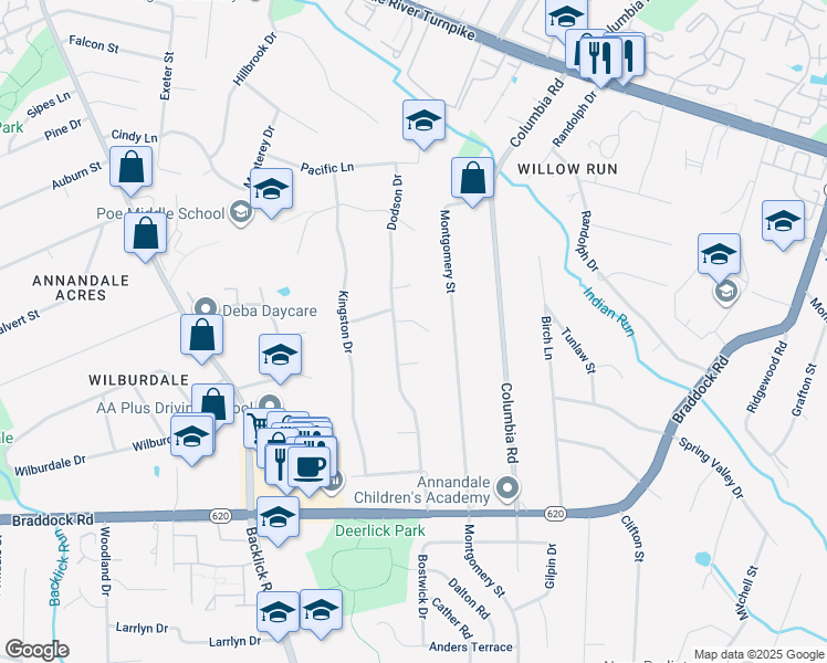 map of restaurants, bars, coffee shops, grocery stores, and more near 6821 Silver Lane in Annandale