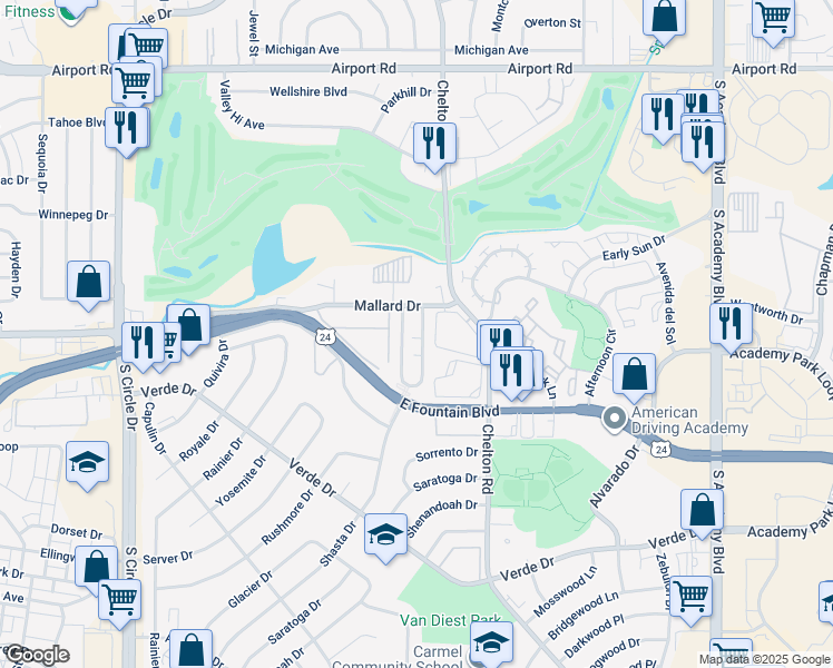 map of restaurants, bars, coffee shops, grocery stores, and more near 1153 Mazatlan Circle in Colorado Springs