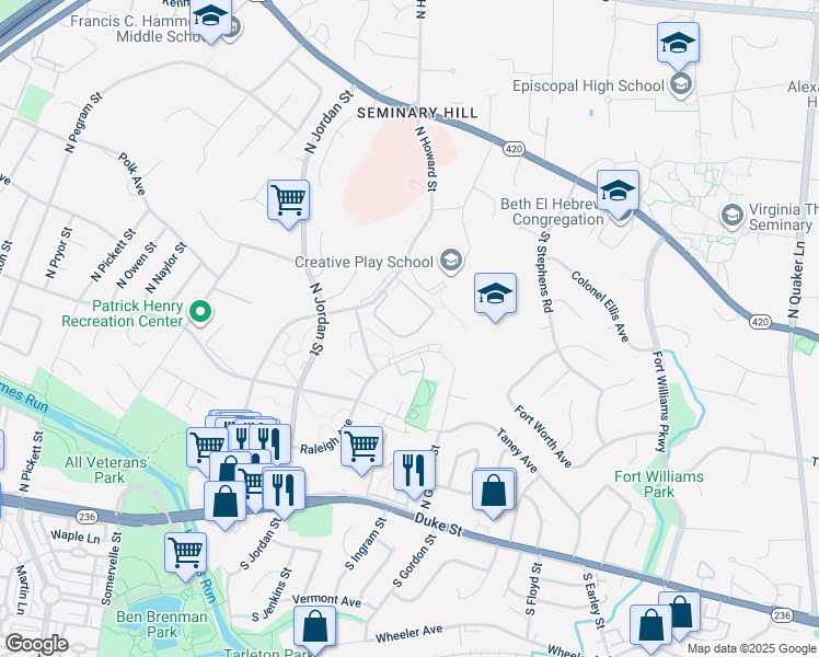 map of restaurants, bars, coffee shops, grocery stores, and more near 805 North Howard Street in Alexandria