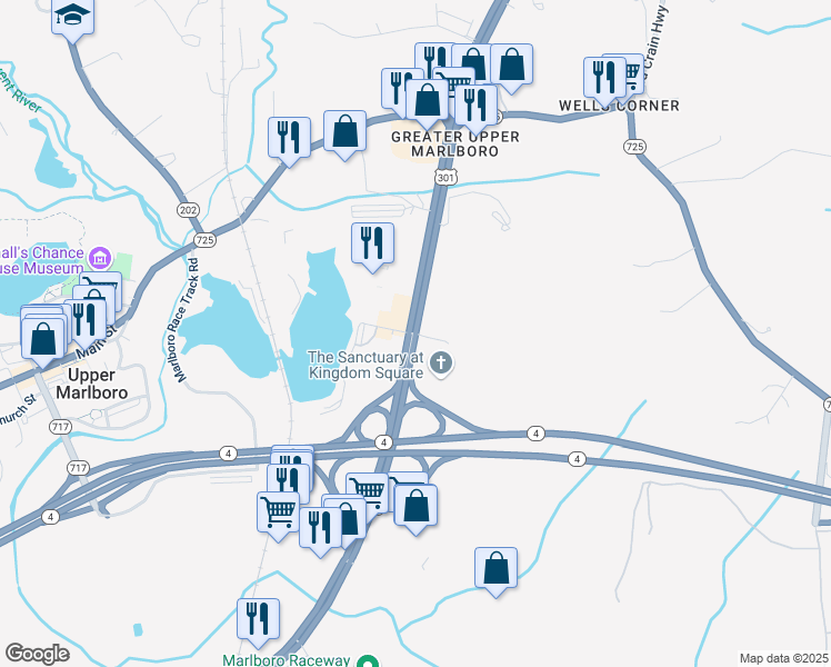 map of restaurants, bars, coffee shops, grocery stores, and more near Robert S. Crain Highway in Upper Marlboro