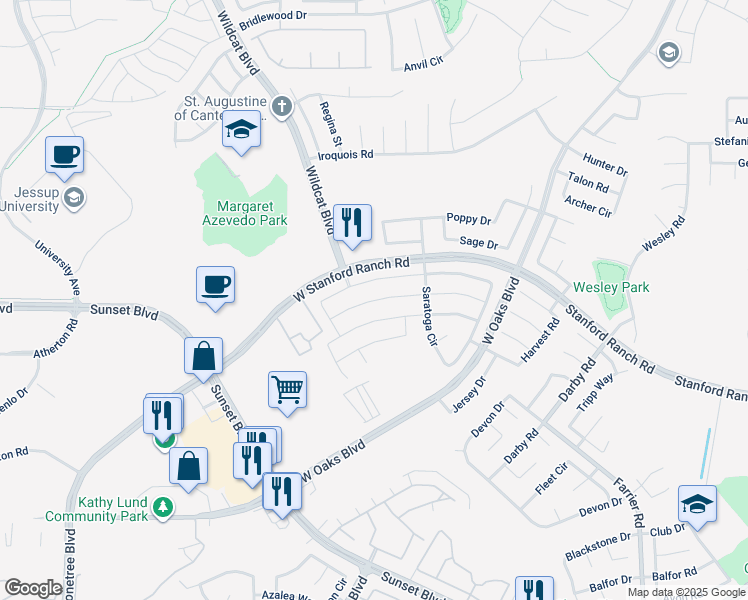 map of restaurants, bars, coffee shops, grocery stores, and more near Decatur Way in Rocklin