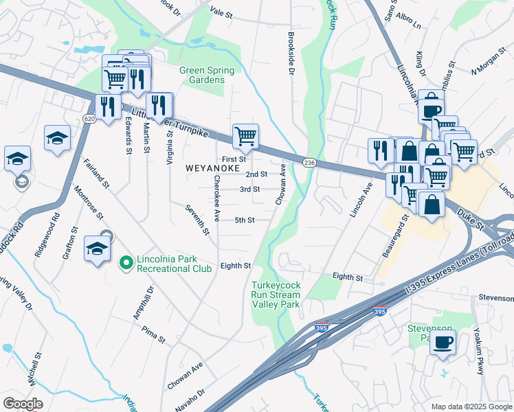 map of restaurants, bars, coffee shops, grocery stores, and more near 6425 4th Street in Alexandria