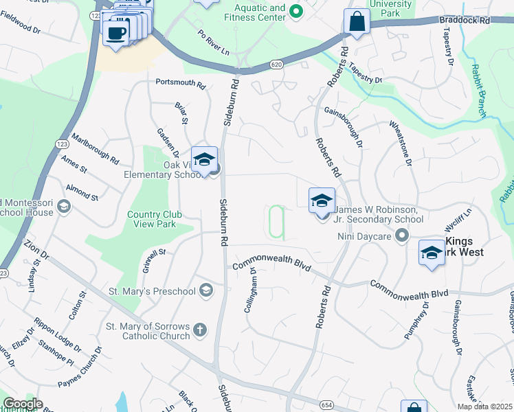 map of restaurants, bars, coffee shops, grocery stores, and more near 5035 Sideburn Road in Fairfax