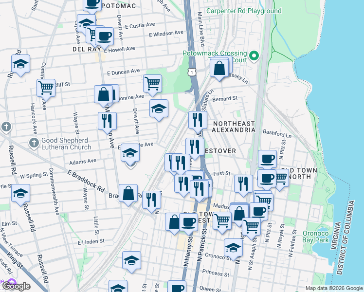 map of restaurants, bars, coffee shops, grocery stores, and more near 1100 North Fayette Street in Alexandria