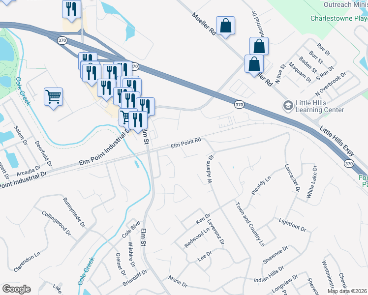 map of restaurants, bars, coffee shops, grocery stores, and more near 111 Grandview Drive in Saint Charles
