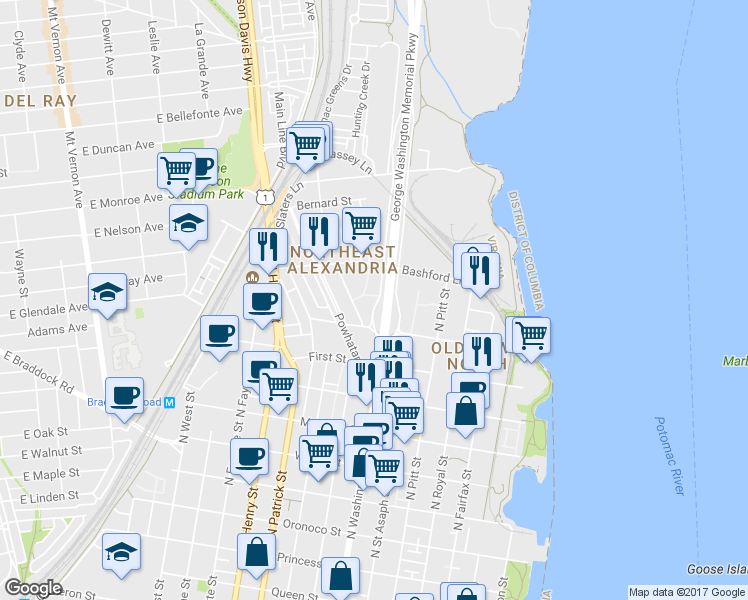 map of restaurants, bars, coffee shops, grocery stores, and more near 702 West Abingdon Court in Alexandria