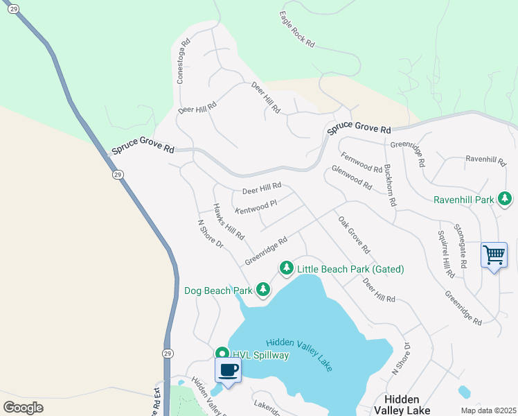 map of restaurants, bars, coffee shops, grocery stores, and more near 18442 Kentwood Place in Hidden Valley Lake