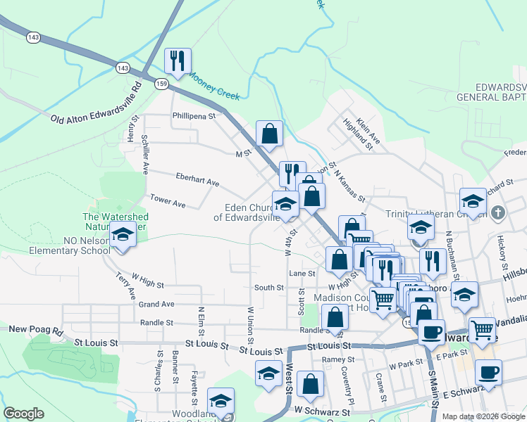 map of restaurants, bars, coffee shops, grocery stores, and more near 240 West Union Street in Edwardsville